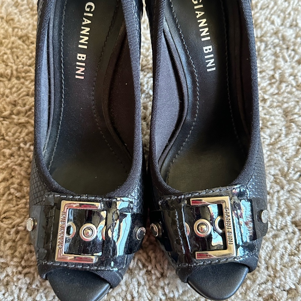 Gianni Bini, black heels with silver buckle, size 6.5